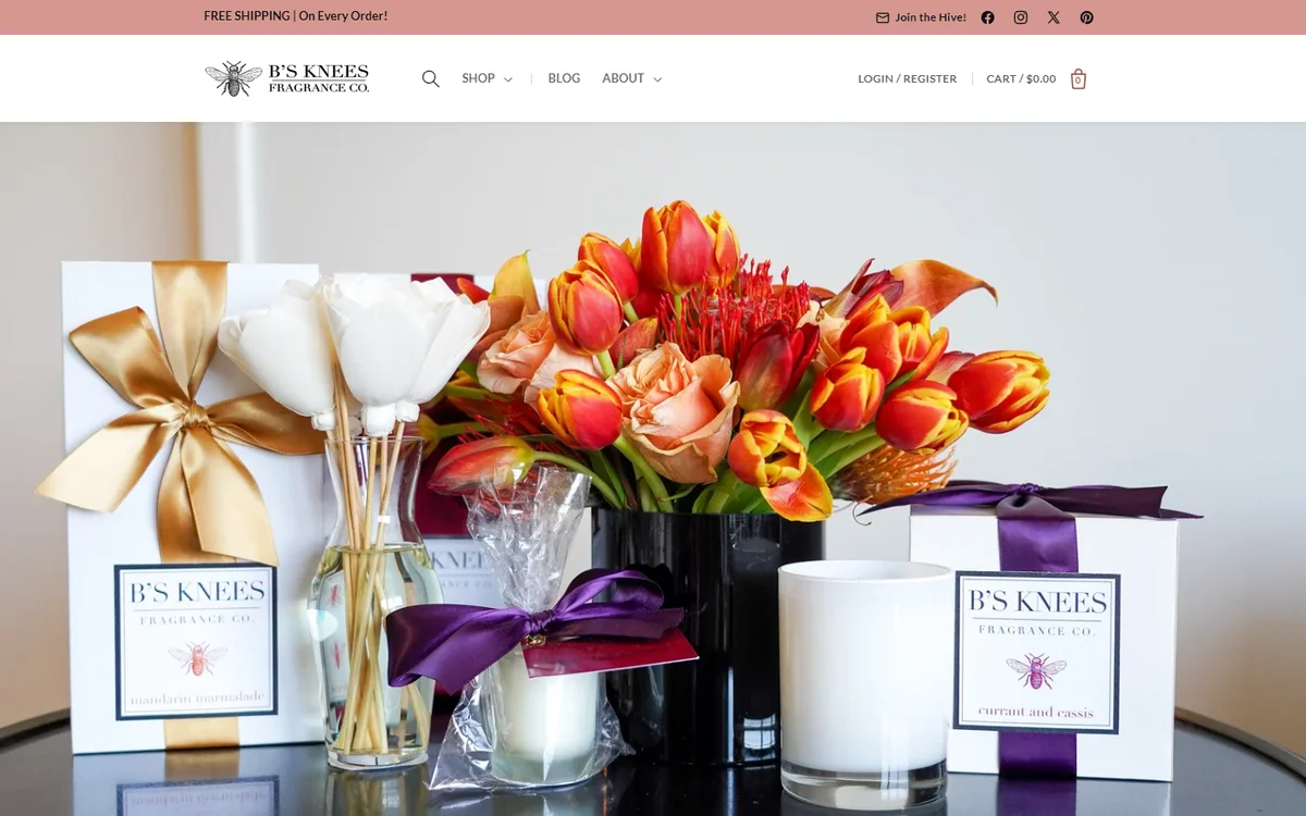 B's Knees Fragrance Co. store home page with candles and reed diffusers