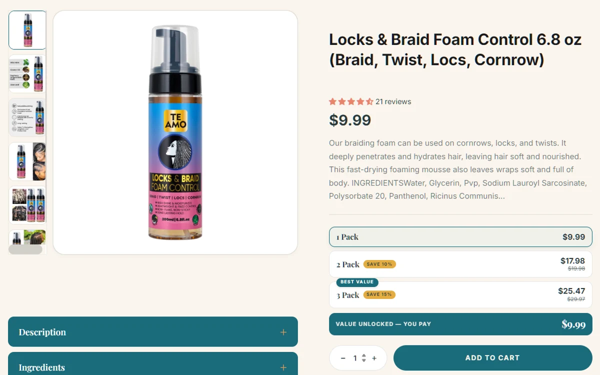 Te Amo Supply product page for Locks and Braid Foam Control with pack pricing and an Add to Cart button